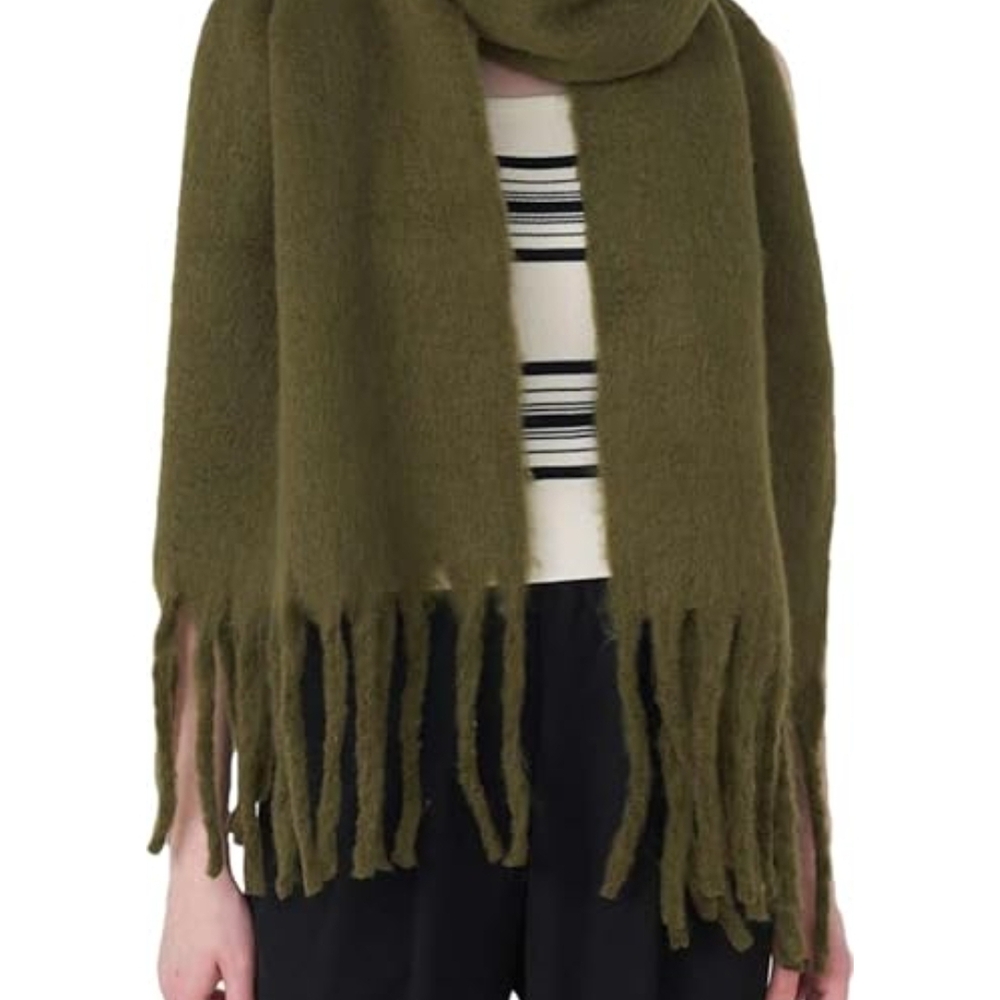 Olive Green Fringed Scarf